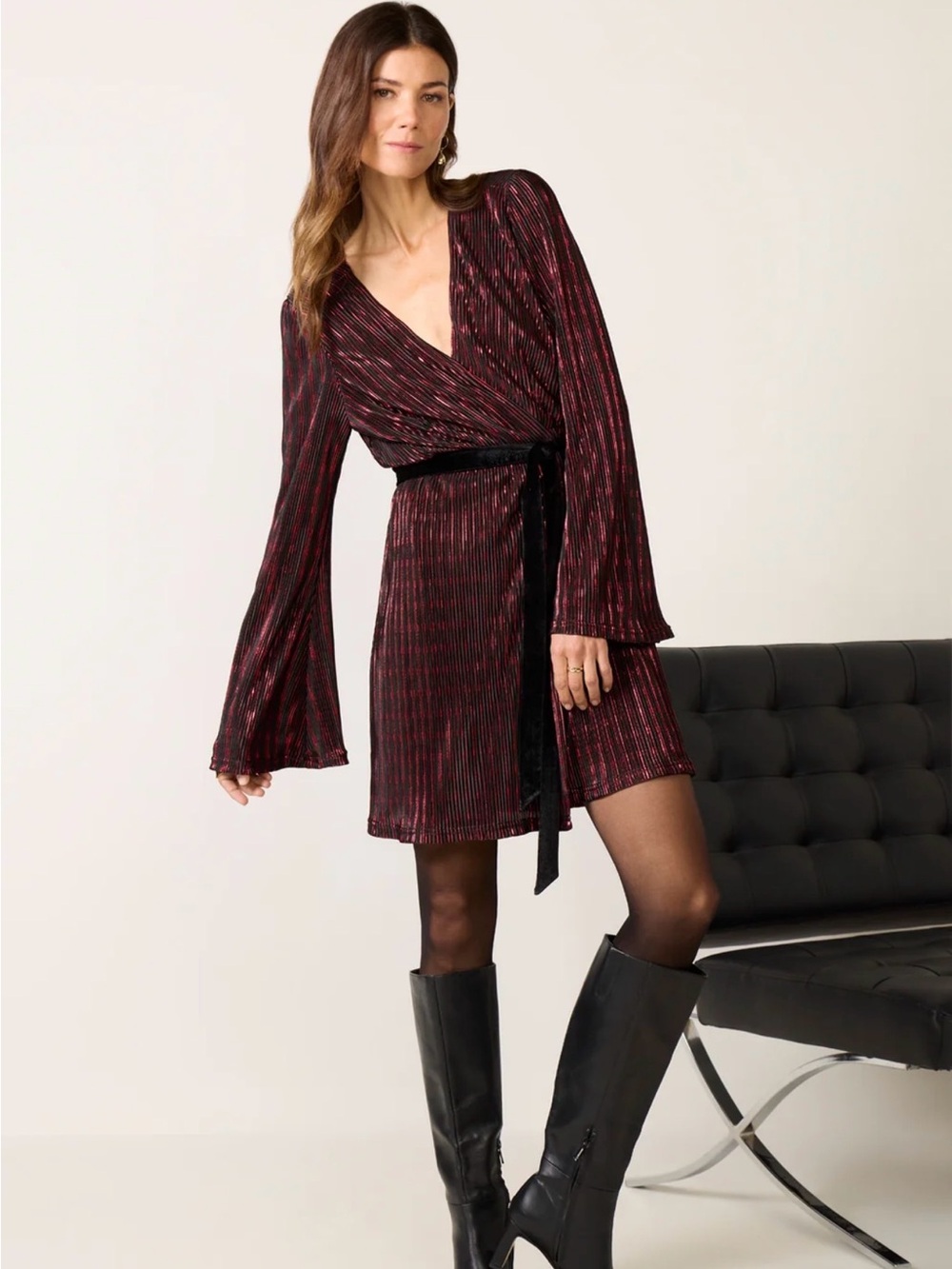 HUTCH CATHARINE Metallic Red Wrap Dress with Velvet Tie